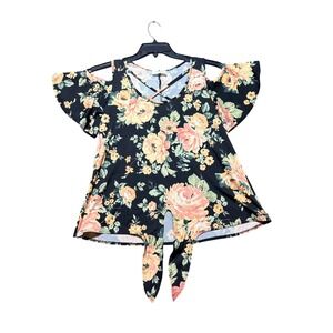 Threads Studio Cold Shoulder‎ Top Women Small Black Floral Excellent Tie Front